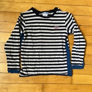 Jacadi Paris Boys Navy Blue White Striped Long Sleeve Logo Shirt Size 8A 128cm